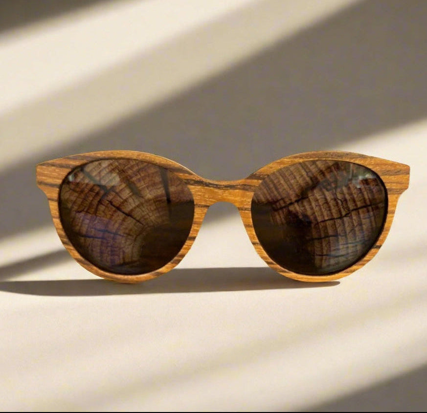 Wooden sunglasses with dark lenses

